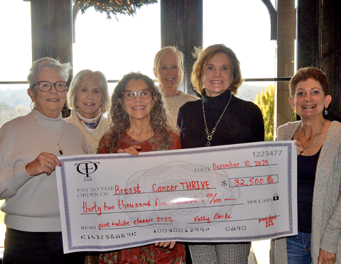 The Old Toccoa Farm Ladies Golf Association (LGA) raised $32,500 during their fourth annual Pink & White Tournament in October. Presenting a check to Dr. Rosa Langella with Breast Cancer Thrive are, from left, LGA 2025 President Kathy Burke, Teri Necessary, Langella, Kerri Dewitz, Betsy Pope and LGA 2026 President Maria Guillen.