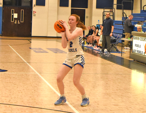 Fannin County Lady Rebel Albany Cole lines up for three points against Gordon Lee at home Tuesday, January 6.  Cole was the leading scorer that day with 14 total points, including three, three-point shots in the final quarter.