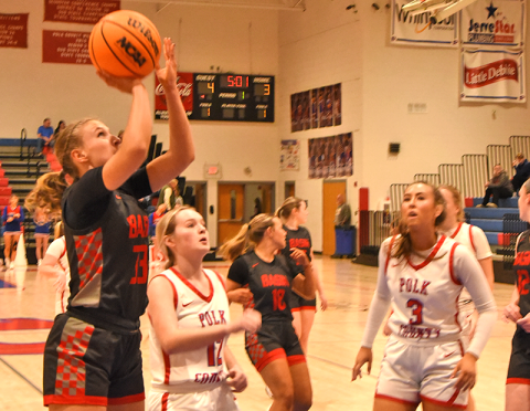 Cora Kimsey puts up two of the 18 points she scored in the Copper Basin victory over cross county rival Polk County in Benton.