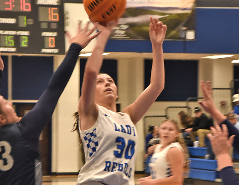 Avi Ethington puts up two points in action earlier this year for Fannin County’s Lady Rebels.