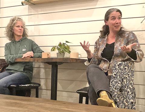 Project Chimps Executive Director Ali Crumpacker (left) and veterinarian Dr. Jenny Jaffe answered questions and provided information about the Blue Ridge chimpanzee sanctuary from those in attendance at Mountain Mama’s Coffee Lounge in Blue Ridge January 20.