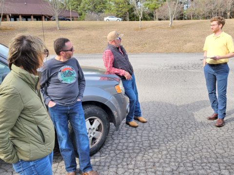 Polk County JECDB Chairwoman Monica Farrow, District 3 Commissioner Keith Barker and County Executive Robby Hatcher, from left, discuss the Parks and Recreation Grant process with Russell Green of Kimley-Horn, an engineering, planning and design firm familiar with grants in Tennessee.