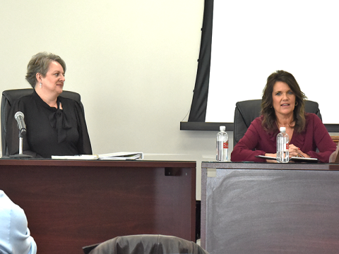 Fannin County Tax Commissioner Julie Walker, right, talked about her office and the collection rate achieved by her staff when she addressed Leadership Fannin last week. Also talking about how the tax system works was Dawn Cochran, Fannin County’s chief tax appraiser, left.