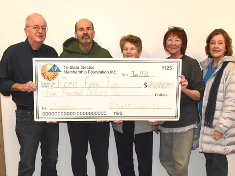 A January donation to Feed Fannin was among those pushing Roundup grants to area organizations over $1 million. Roundup board Chairman Glenn Harbison, from left, presented the check to Feed Fannin’s Andy Livingston, Priscilla Cashman, vice chair; Peggy Caldwell, treasurer; and Kathy Beck, vice chair.