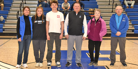 Retiring Fannin County Rebels Head Football Coach Chad Cheatham was introduced Friday night as a member of the Fannin County Sports Hall of Fame Class of 2026. Joining Cheatham for the announcement were, from left, wife, Katherine Cheatham; daughter, Annaleigh Cheatham; son, Braxton Cheatham; Coach Cheatham; mom, Barbara Cheatham; and dad, Steve Cheatham.