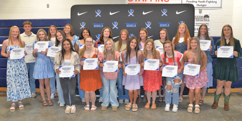 Academic Awards were given to Fannin County High School flag football players at the team’s awards banquet March 25. Pictured are awardees, from left, front, Delmy Saqui-Sacul, Lyla Strange, Ayla Walton, Karli Sams, Jordan Golden; Hallie Walton; back, Adia Galloway, Kian Halpin, Allie Potts, Bridgett Allen, Lily Williams, Lexi Gravely, Melissa Acevedo-Montoya, Addison Bradburn, Annaleigh Cheatham, Makenzie Duvall, Kendall Gaddis, Arianna Galloway, Lola Tamples, and Makayla Siler.