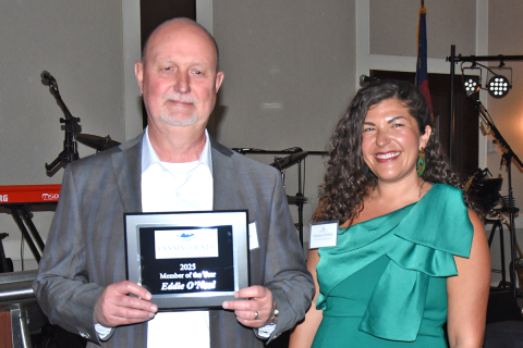 News Observer photo/Glenn Harbison Fannin County Recreation Director Eddie O’Neal was honored as the Chamber of Commerce Member of the Year for his work with Tourism Product Development monies and the county’s youth. He received the award Saturday night from Chamber President Christie Gribble.