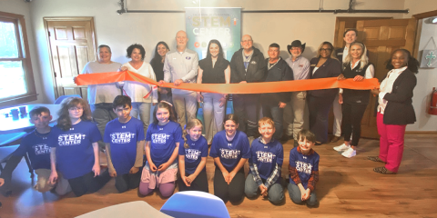 News Observer Photo/Jason Queen A ribbon cutting ceremony took place at The Cal Ripken STEM Center at the Fannin County Recreation Department in Blue Ridge on March 12. Pictured at the event were, from left, front, Parker Martin, Elisabeth Nicholson, Bradford Carpenter, Aniston Graham, Karmen Rymer, Leah Hughes, Sam Kochish, Oliver Parks; back, center assistant Carrie Wooten, Recreation Facility Manager Lorraine Panter, TVA representative Edith Perez, Fannin County Recreation Department Director Eddie O’Nea