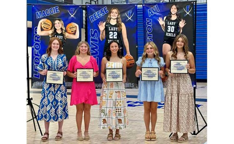 Submitted photo - Fannin County Lady Rebel basketball team members Albany Cole, Izzie Jabaley, Avi Ethington, Maggie Ledford and Reese Lewis each received All-Region Team Honors and were recognized at the team's annual banquet May 12.