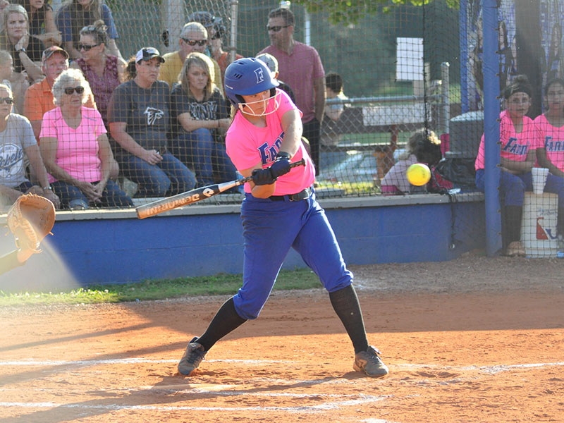 Lady Rebel Emma Mitchell unloads on a pitch in recent action for Fannin County.