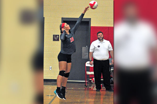 Lady Cougar Sapporiah Ross spikes the ball during Copper Basin’s volleyball match with Tellico Plains Tuesday, September 3.