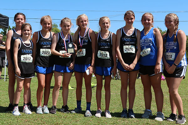 The Fannin County Middle School Lady Rebels cross country team competed in the Bulldog invitational in Murphy, North Carolina Saturday, September 7. The Lady Rebels did well, taking home first place awards. Lady Rebel runners pictured are, from left, Josie Clemmons, Danica Padrutt, Brayden Whitener, Shaylee Jones, Carlee Holloway, Lindsey Holloway, Bailee Stiles, Bryanna Contardi and Kristen Cipach.