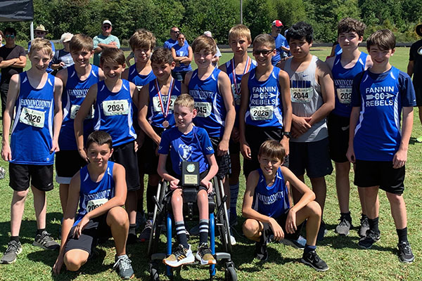 The Fannin County Middle School Rebels cross country team competed in the Bulldog Invitational in Murphy, North Carolina Saturday, September 7. The boys finished as the top team, taking home the first place awards. Athletes pictured  are, from left, front, Lukas Guay, Brady Smith, Matthew Ponton; back, Luke Callihan, James Bewley, Bristol Hughes, Andrew Nuckolls, Zechariah Prater, Cole Stevenson, Gavin Davis, Benjamin Bloch, Jonathan Gomez, Will Jones and Bryce Mitchell.