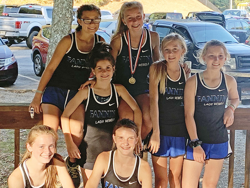 The Lady Rebels Cross Country team at Fannin County Middle School continues to turn in strong performances, finishing second in both the League Championship and Carney Invitational meets. Shown at Meeks Park in Blairsville for the League Championship event are, from left, front, Olivia Temples and Bailee Stiles; middle, Danica Padrutt, Lindsey Holloway and Shaylee Jones; back, Halle Walton and Carlee Holloway.