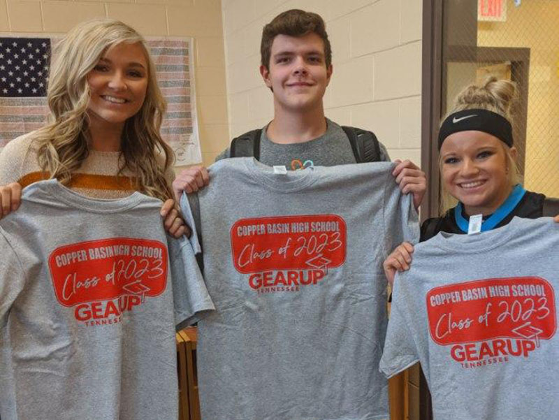 Copper Basin High School Class of 2023 students participated in the Commitment to Graduate banner signing ceremony before displaying their commitment t-shirts. Shown are, from left, Sapporiah Ross, Ross Stillwell and Destiny Pittman.