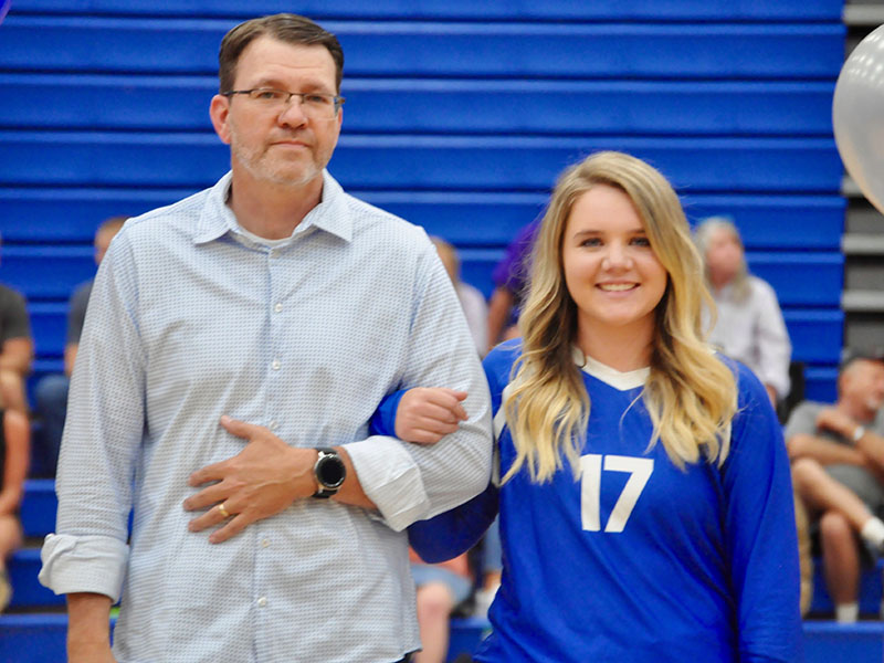 Lady Rebel Courtney Earls was escorted by her father, Travis Earls, during Fannin County High School Volleyball team’s Senior Night Thursday, September 26.