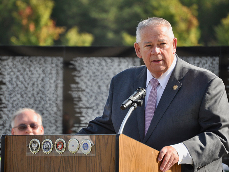 Georgia Speaker of the House David Ralston discusses the importance of honoring the fallen soldiers of the Vietnam War during The Vietnam Traveling Memorial Wall memorial service. The wall visited Blue Ridge October 3 through the 7. News Observer photo/ Sydney Taylor