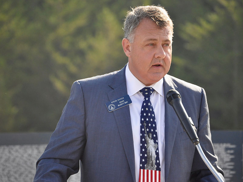 Georgia State Senator Steve Gooch speaks to a crowd of The The Vietnam Traveling Memorial Wall memorial service attendees Friday, October 4. News Observer photo/ Sydney Taylor