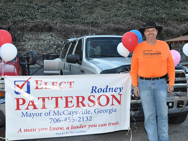 Rodney Patterson was the most visible of the McCaysville candidates on election day, waving to voters as they entered city hall. Patterson lost his bid for mayor, being defeated by incumbent Thomas Seabolt.