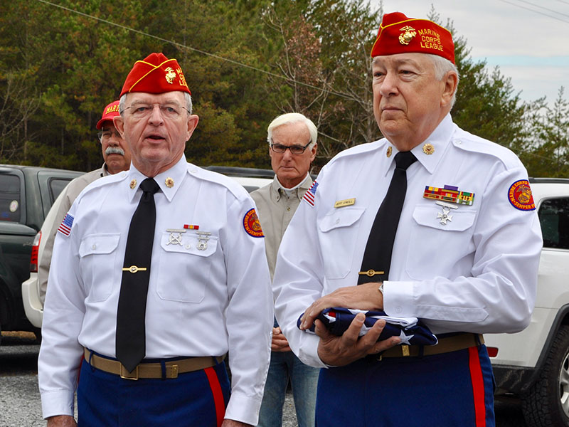 Marine Corps League Detachment #1438 members Jim Brumbelow, left, and Jeffrey O’Neill performed the flag raising ceremony at Fannin County Family Connection’s Ribbon Cutting and Open House Tuesday, November 19.