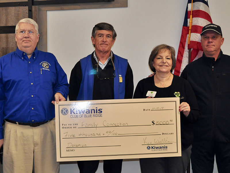 The Kiwanis Club of Blue Ridge presented Fannin County Family Connection with a check for $5,000 during the ribbon cutting of Family Connection’s new facility. Shown are, from left, Ken Williams, President Larry Ray, Executive Director Sherry Morris and Ken Brennamen.