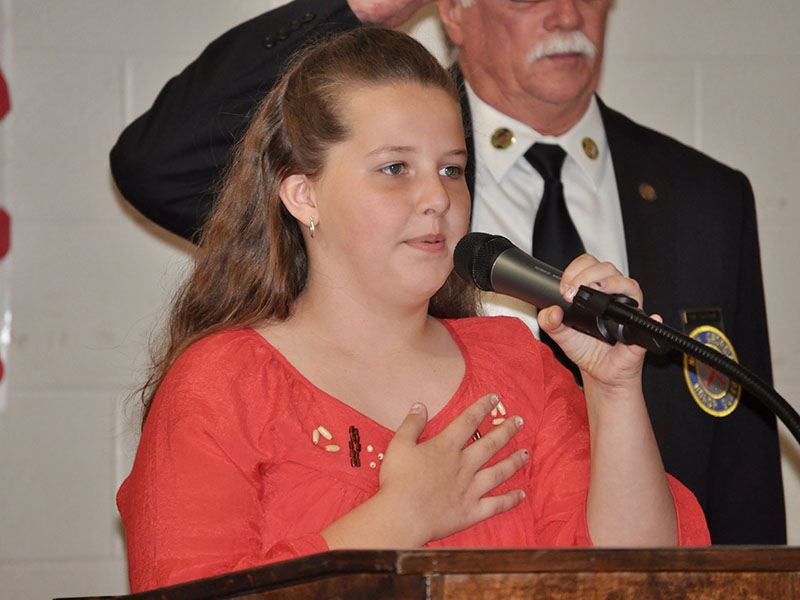 West Fannin Elementary School student Ruby Rhodes led the Pledge of Allegiance during the school’s veterans program.
