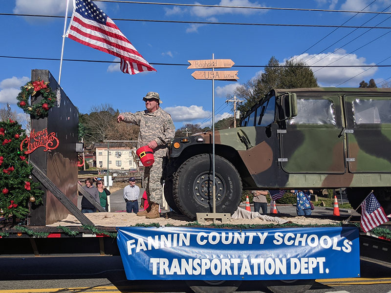 The Fannin County Schools Transportation Department created a float to honor the Christmas Around the World parade theme with a scene from Baghdad.