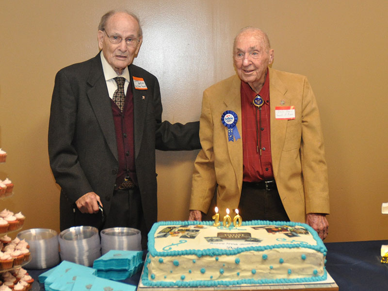 Fannin County historian Dale Dyer, right, and long-time friend and fellow Bomber pilot James Watkins both turn 100-years-old this December. Dyer said two other men who are also turning 100 had hoped to attend the party, November 30. Dyer officially turns 100 December 8, which has been declared as Dale Dyer Day by the City of Blue Ridge.