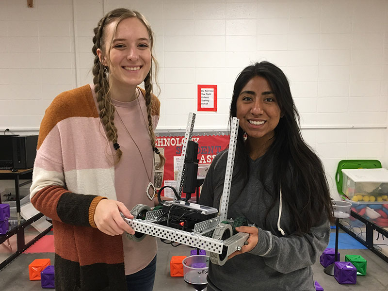 Fannin County High School’s Engineering program was recently awarded a Girl-Powered robotics grant through Vex Robotics and Robot Events for $1,000 and have created a girls team that will compete in compeitions this year. Shown with their VEX Robot are team members Lexi McGill, left, and Samantha Rosas.