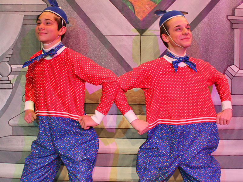 Tweedledee (Garrison Hamm) and Tweedledum (Zachary Parker) display their unusual apparel in the Blue Ridge Community Theater’s rendition of “Alice in Wonderland.” Enjoy the play every Friday, Saturday and Sunday between now and February 9.