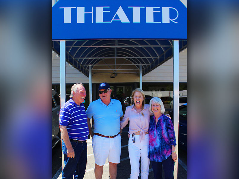 Blue Ridge Community Theater Board Members Jerry Locke, Mark Staley, Cathy Thomas and Hinky Wilcher, shown from left, relax under the new canopy donated by  Staley for the theater’s 20th anniversary. The 2020 Season Expo is January 11 at 2 p.m.
