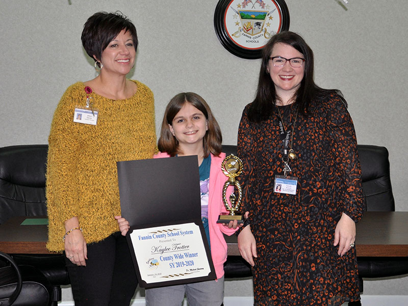 West Fannin Elementary student Kaylee Trotter won the Fannin County Spelling Bee Friday, January 10. The winning word was “beatboxing.” Trotter is shown along side Principal Alison Danner and Fannin Director of Instructional Services and Policy Sarah Welch. Trotter advances to region competition at Georgia Highlands College February 22.