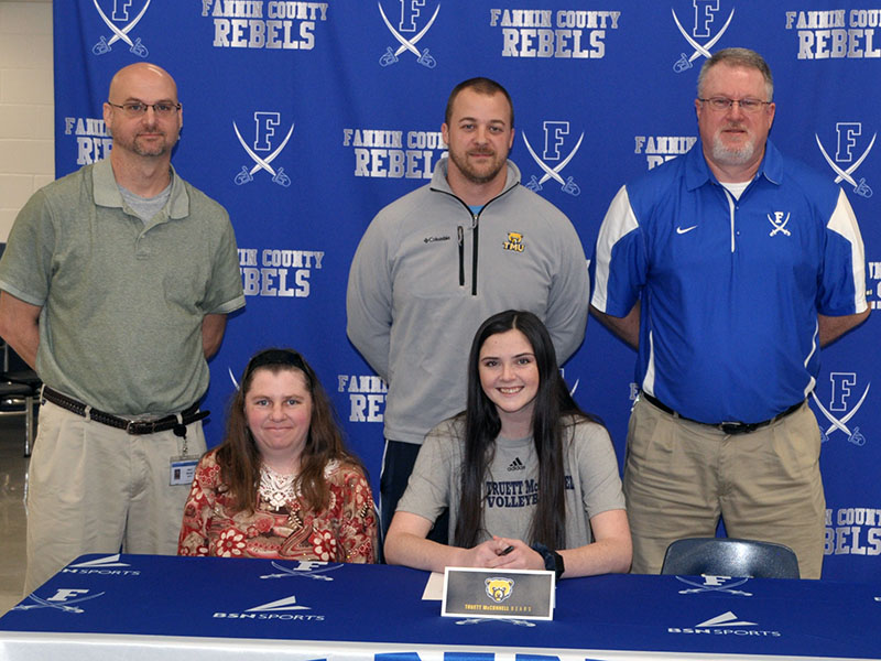 Lady Rebel Cheyanne Tilson chose to further her academic and volleyball career Monday, February 3, when she signed a Letter of Intent to play volleyball for Truett McConnell Univeristy. Shown are, from left, front, Lola Tilson, mother; Tilson; and back, FCHS head volleyball coach Jason Stanely, Truett McConnell University head volleyball coach Mark Corbin and FCHS junior varsity and assistant volleyball coach Joe Breeden.