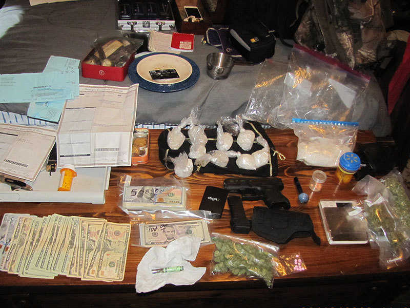 This is part of the drugs, money and other items seized when Fannin County Sheriff’s Office investigators served a search warrant at Kenneth Jeffery Bradburn’s home at 359 Old Hollow Road Monday, February 10.