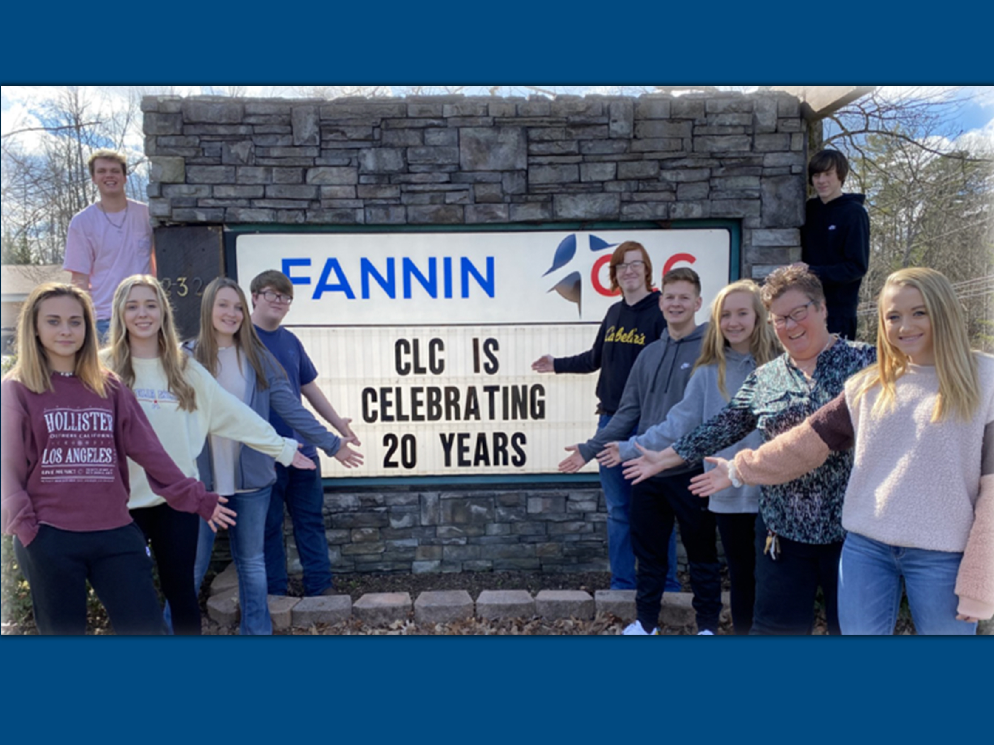 The Fannin Christian Learning Center is gearing up for its annual winter banquet fundraiser as they celebrate their 20th year of teaching the Bible to the youth of Fannin County. Shown front to back, on left, is Ansley Turner, Ella Richardson, Jaylin Ray, Gentry Clore, Blake Rogers; front to back, on right, is MacKenzie Johnson, Executive Director Tina Lee, Nicole Pittman, Jerritt Holloway, Joseph Annis and Nicolas Arp.