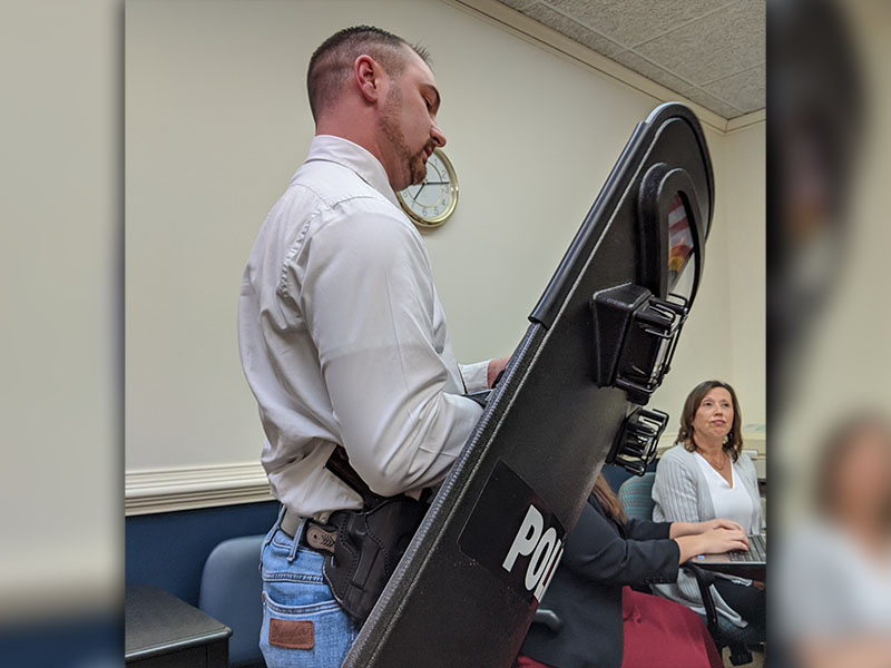 McCaysville Police Chief Michael Earley showed a tactical shield that just arrived prior to the city council workshop January 23, to council members. The shield purchase was approved last year.