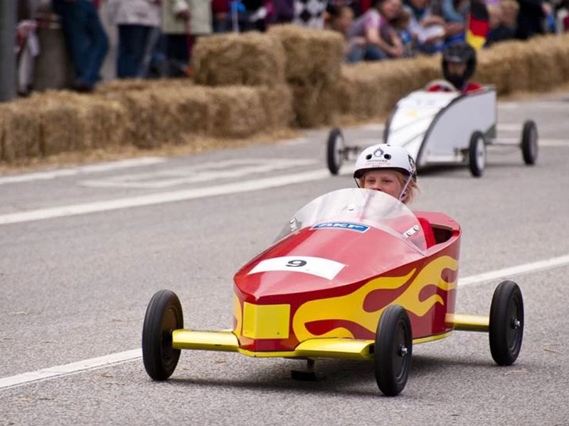 One Blue Ridge Soap Box Derby contestant zooms toward the finish line during last year’s derby. Now’s the time to think about building the cars for the upcoming race taking place April 25 at Fannin County Middle School.