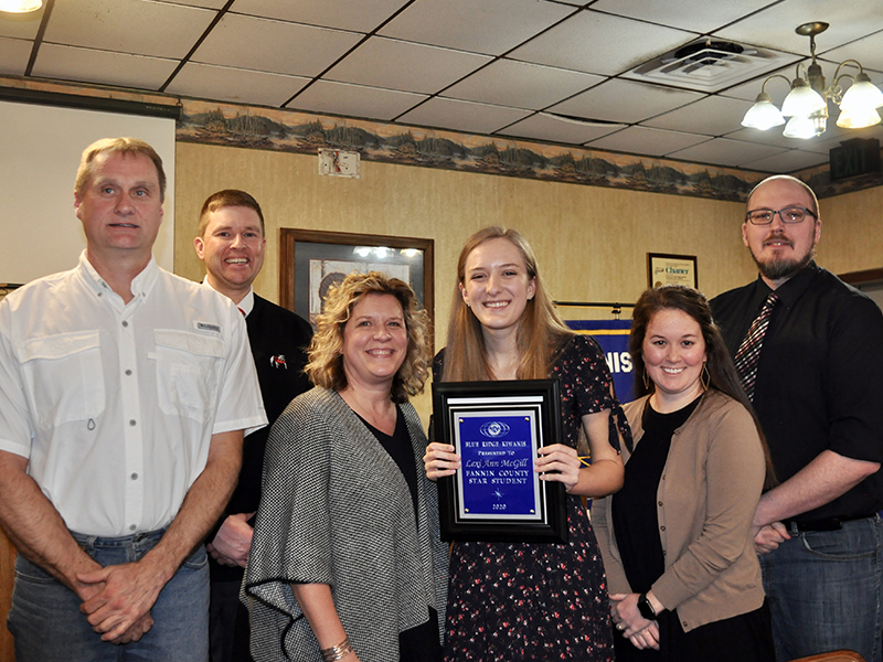 Fannin County High School senior Lexi McGill was selected as the 2020 Fannin County Student Teacher Achievement Recognition (STAR) student by the Blue Ridge Kiwanis Club during their annual banquet Monday, February 17. Shown are, from left, McGill’s father Randal McGill, Superintendent Dr. Michael Gwatney, McGill’s mother Kristy McGill, McGill, Counselor Sara Stewart and 2020 STAR teacher Todd Geren.