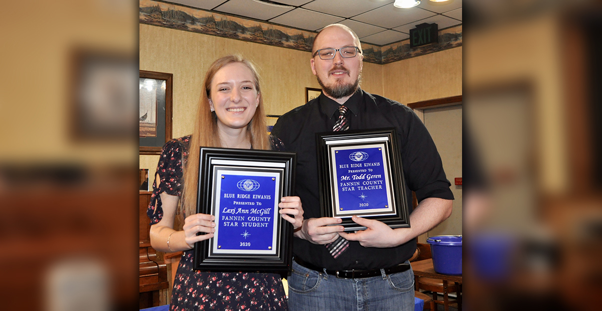Fannin County High School senior Lexi McGill, left, was selected as the 2020 Fannin County Student Teacher Achievement Recognition (STAR) student during the Blue Ridge Kiwanis Club’s annual banquet Monday, February 17. McGill selected Drama teacher Todd Geren as the teacher who has had the most impact on her during her academic career.
