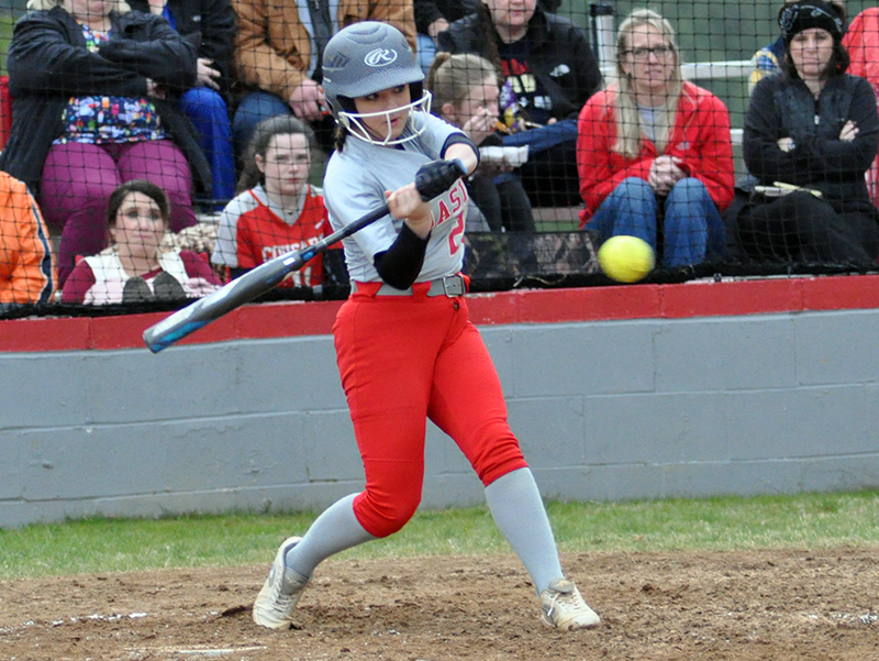 Lady Cougar Bailey Mundy unloads on a pitch in recent action for the Copper Basin Lady Cougars softball team.