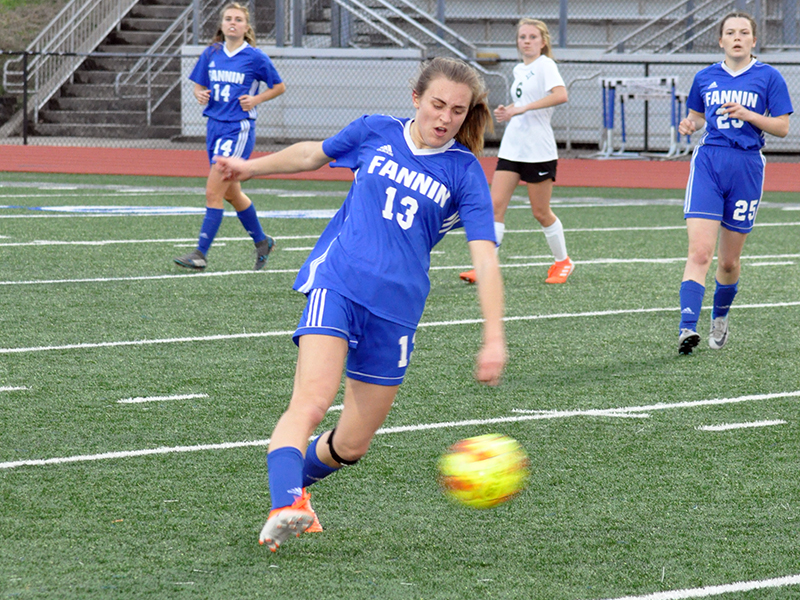 Ana Arvidson takes a shot at the goal in recent action for the Fannin County Lady Rebels soccer team.