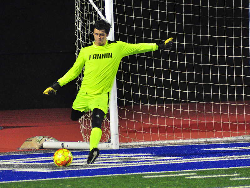 Fannin Rebel Chandler Bond boots the ball away from the Rebels goal in recent action for the Rebels soccer team.
