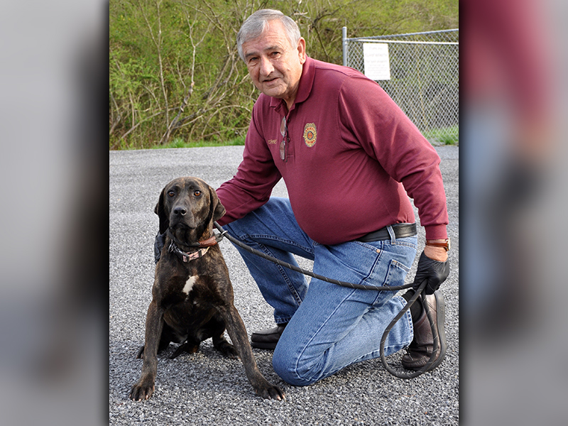 Fannin County Animal Control Officer J.R. Cornett kneels with this female Plott Hound found in the My Mountain subdivision in Morganton March 25. This girl will be staying at Animal Control until reclaimed or adopted. She has a black brindle coat with amber colored eyes. View her under Animal Control number 111-20.