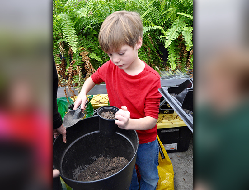 Yates Eagenson fills his pot up with dirt before planting a seed during the special class.