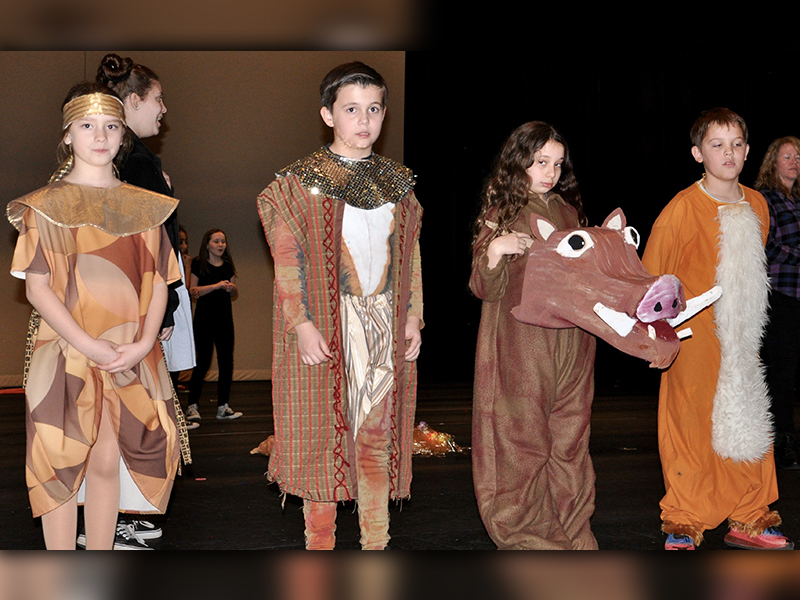 West Fannin Elementary School held a dress rehearsal prior to their production of The Lion King Wednesday, March 4. Among the many students staring in the performance are, from left, Hailey Stewart, Cayden Cantrell, Veronica Oyster and Keats Miller.
