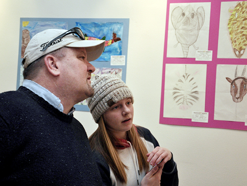 Jim and Annabeth Minear check out the young talent at Blue Ridge Mountains Arts Association’s Youth Art Month Opening Reception Thursday, February 27. The event featured artwork from Fannin County schools, Copper Basin schools and homeschool students in the area.