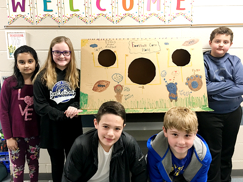 Blue Ridge Elementary School students created cardboard arcade games in small groups during their weekly STEAM classes and presented them during the school’s annual STEAM Night Tuesday, March 10. Shown are, from left, Khadija Usman, Jaelyn Breaux, Casen Bailey, Archer Twiggs and Gabriel Partin.