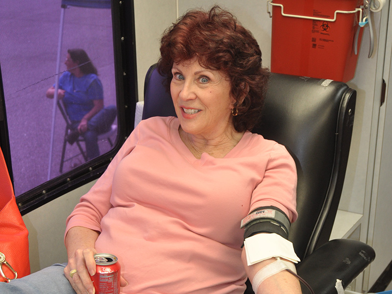 Sharon Carter is all smiles as she donates blood at the blood drive at Blue Ridge First Baptist Church Friday, March 27.