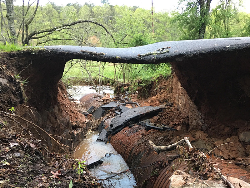 Only a small part of the road remained in the 1200 block of Damascus Road in Epworth Monday, April 13 after a log got into a pipe and washed out a portion of the road. Fannin County Public Works Director Zack Ratcliff said his department would receive the replacement pipe the following Thursday and be able to begin repair work the following Monday.