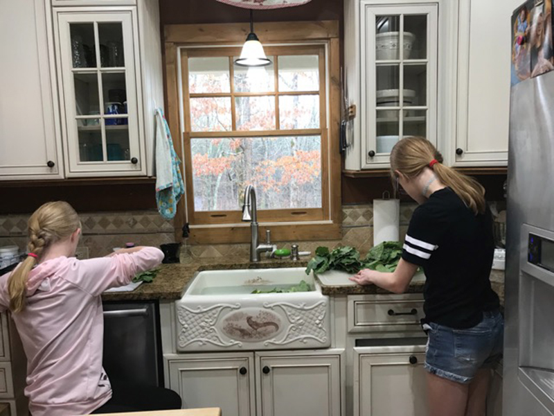 The Galloway sisters, Adia, left, and Airianna, have been having Home Economics classes with their mom, Amanda, after completing their daily COLD online learning.They are shown washing and preparing collard greens.